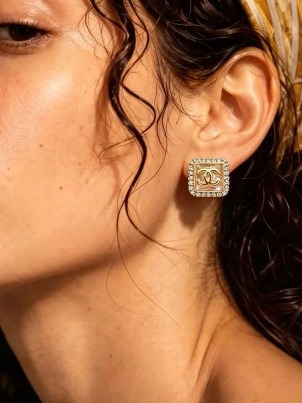 CHANEL Crystal Logo Stud Earrings